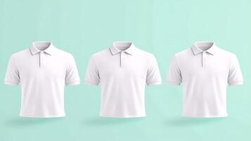 Three identical white polo shirts displayed against a soft pastel background, emphasizing simplicity photo