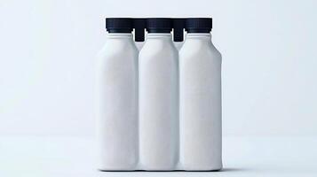 Three identical white bottles with dark caps arranged symmetrically on a clean surface photo