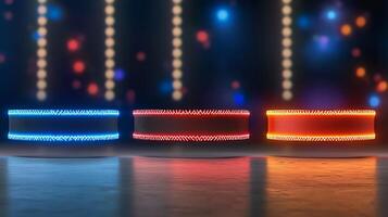Three illuminated circular platforms in vibrant colors set against a blurred festive background photo