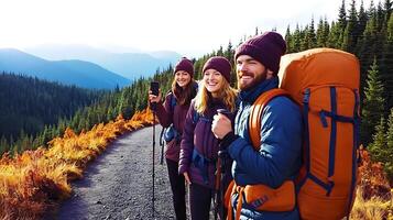 Three hikers enjoying a scenic mountain trail, capturing memories amidst vibrant autumn foliage photo