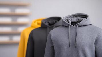 Three hooded sweatshirts in gray, black, and yellow displayed on a shelf in a modern setting photo