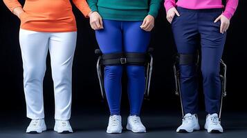 Three individuals showcasing advanced mobility assistance devices in a studio setting photo