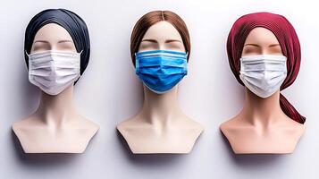 Three mannequin heads wearing different colored headscarves and face masks against a neutral background photo