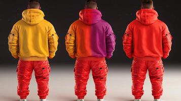 Three individuals in colorful hoodies standing back-to-back against a starry background photo