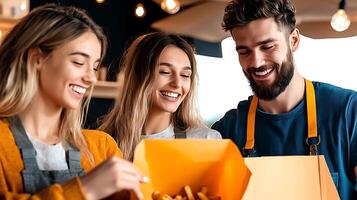 Three individuals joyfully sharing a takeout box of fries in a cozy, modern eatery setting photo