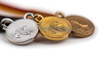 Three medals displayed with intricate designs, showcasing achievements in a bright setting photo