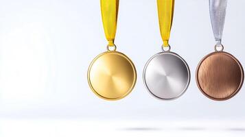 Three medals hanging from ribbons, symbolizing achievement and competition in a minimalistic setting photo