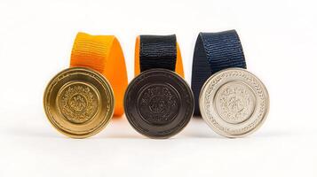 Three medals with vibrant ribbons displayed against a neutral background, symbolizing achievement photo