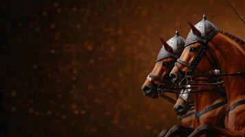 Three majestic horses in ornate helmets poised against a warm, textured background, showcasing strength photo