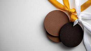 Three medals with ribbons displayed on a neutral background, symbolizing achievement and competition photo