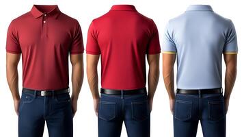 Three men wearing polo shirts in various colors, showcasing fashion styles from the back photo