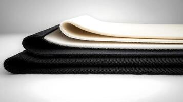 Three neatly stacked fabric rolls in black, white, and beige, showcasing texture and color contrast photo