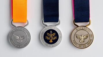Tres medallas con distinto diseños y cintas desplegado en un blanco fondo, exhibiendo logro foto