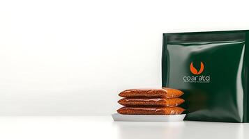 Three neatly stacked packages of brown snacks on a plate beside a green bag in a clean setting photo