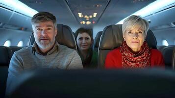 Three passengers on a flight, engaged in conversation while the cabin lights dim for takeoff photo