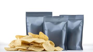 Three sealed gray snack bags with a pile of chips in front, minimalist background setting photo