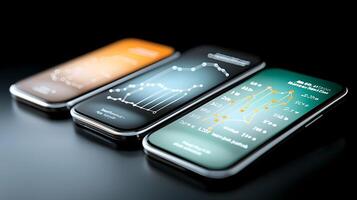 Three smartphones displaying financial data graphs on sleek surfaces in a dark setting photo