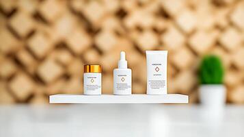 Three skincare products displayed on a white shelf against a textured wooden background photo