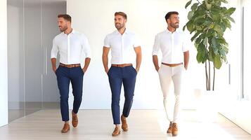 Three stylish men in modern office attire walking confidently in a bright, minimalist space photo
