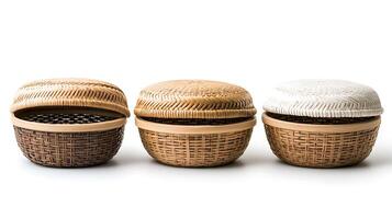 Three uniquely designed woven baskets with lids displayed on a clean white background photo