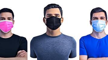 Three young men wearing different colored masks, standing with arms crossed, on a plain background photo