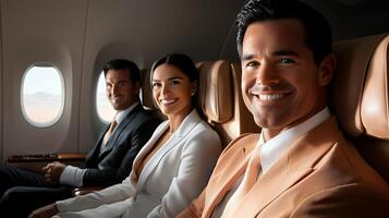 Three well-dressed individuals enjoying a flight, smiling, with scenic views outside windows photo