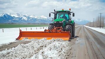 Tractor clearing snow from a rural road with mountains in the background on a sunny day photo