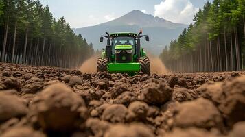 Tractor cultivating soil in a field with mountains and trees in the background under a blue sky photo