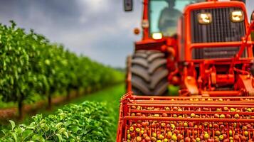Tractor harvesting apples in an orchard with cloudy skies and lush greenery in the background photo