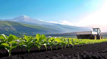 Tractor cultivating a lush green field with mountains in the background under a clear sky photo