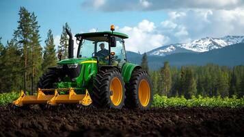 Tractor plowing a field with mountains in the background under a blue sky photo