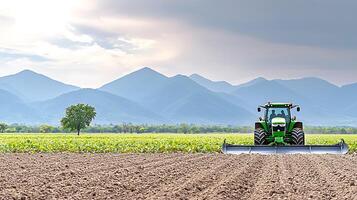 Tractor plowing a vast field under cloudy skies with mountains in the background photo