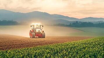 Tractor plowing a field at sunset, with mountains in the background and dust rising photo