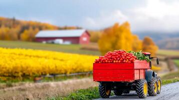Tractor transporting a vibrant load of tomatoes through a picturesque autumn landscape photo