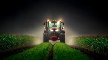 Tractor working in a foggy cornfield at dusk, showcasing agricultural activity and technology photo