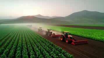 Tractors plowing a lush green field at sunset, with mountains in the background creating a serene landscape photo