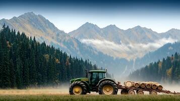 Tractor transporting logs through misty forested valley with mountains in background photo