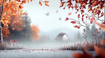 Tranquil autumn landscape with falling leaves, butterflies, and a distant house in the fog photo