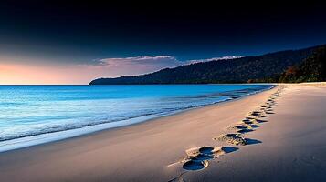 Tranquil beach scene at sunset with footprints leading to the calm ocean and distant hills photo