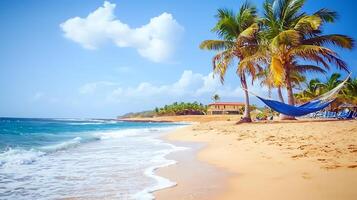 Tranquil beach scene with palm trees, hammock, and gentle waves under a clear blue sky photo