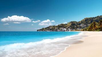 Tranquil beach scene with gentle waves lapping at the shore under a clear blue sky photo
