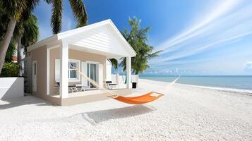 Tranquil beachside cottage with hammock under palm trees, serene ocean view, sunny sky photo
