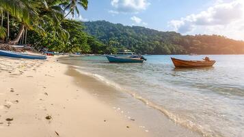 Tranquil beach scene with boats anchored near shore, surrounded by lush greenery and gentle waves photo