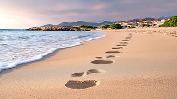 Tranquil beach scene with footprints leading towards the ocean, mountains in the background photo