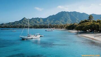Tranquil coastal scene with sailboats anchored near a tropical beach and mountains in the background photo