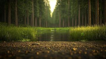Tranquil forest scene with a serene waterway surrounded by lush greenery and tall trees photo