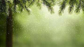 Tranquil forest scene with falling rain, lush greenery, and soft bokeh background effects photo