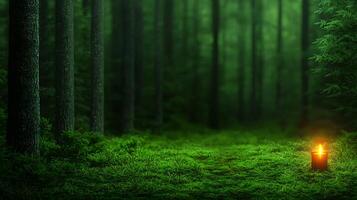 Tranquil forest scene with glowing candle on mossy ground, surrounded by tall trees and soft light photo