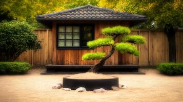 Tranquil Japanese garden featuring a bonsai tree in front of a wooden house surrounded by greenery photo