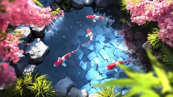 Tranquil koi pond surrounded by vibrant pink blossoms and lush greenery in a serene garden photo